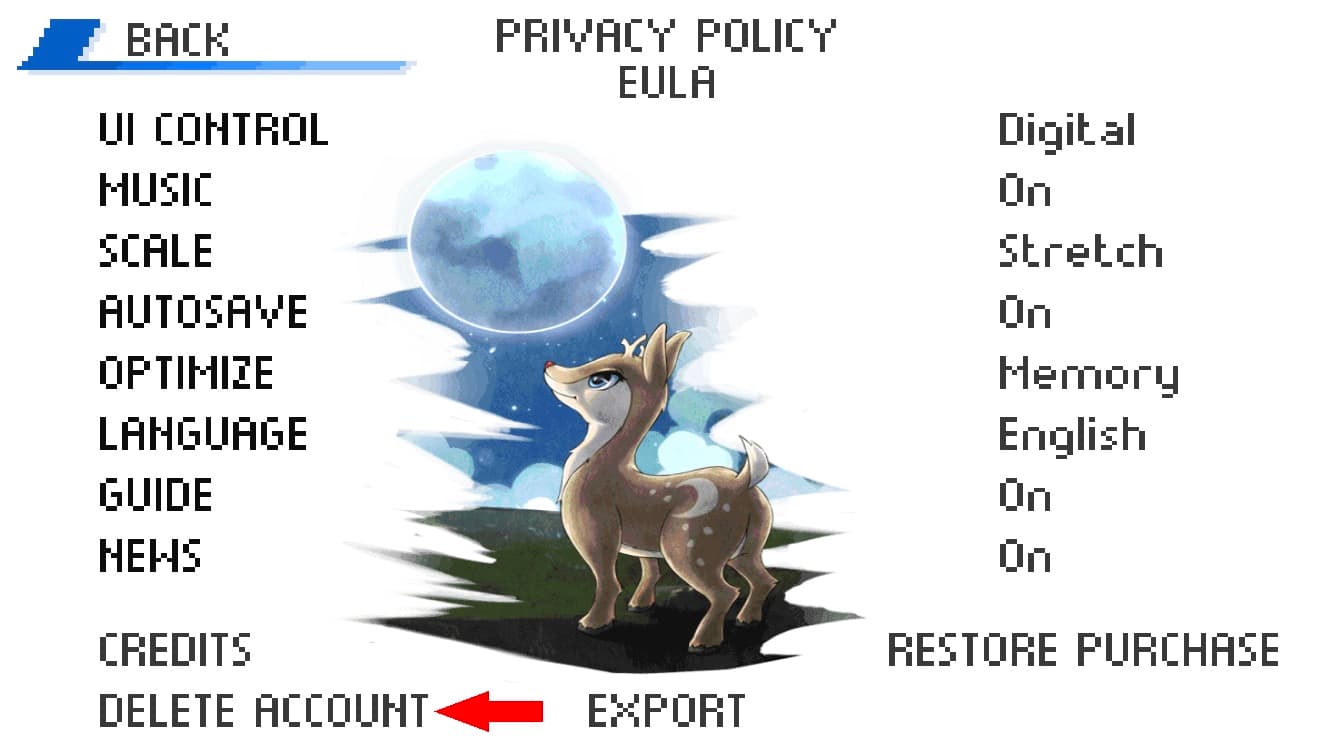 The Delete Account button in EvoCreo’s settings
