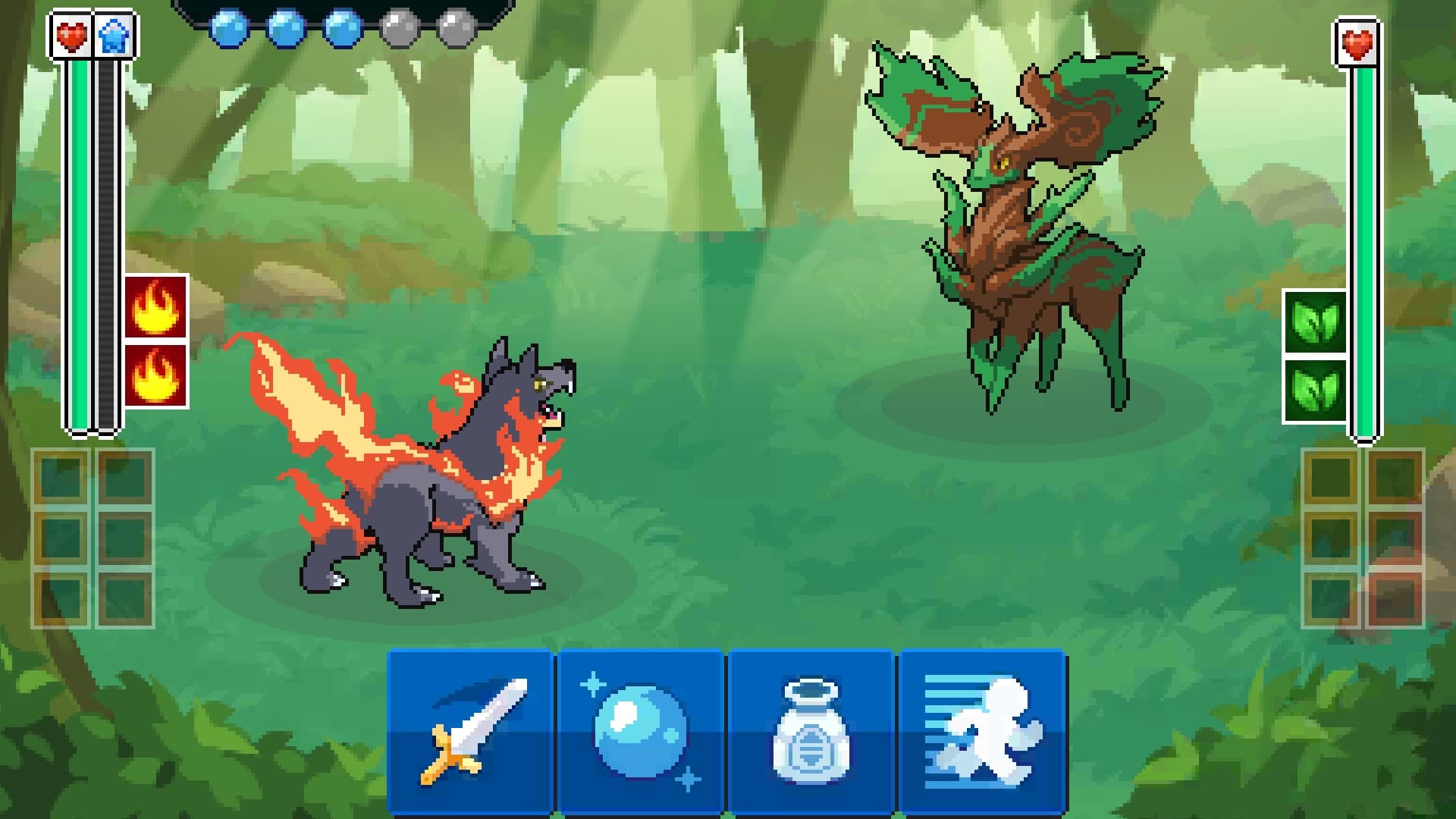 A fiery wolf-like creo faces a leafy stag creo in a forest battle