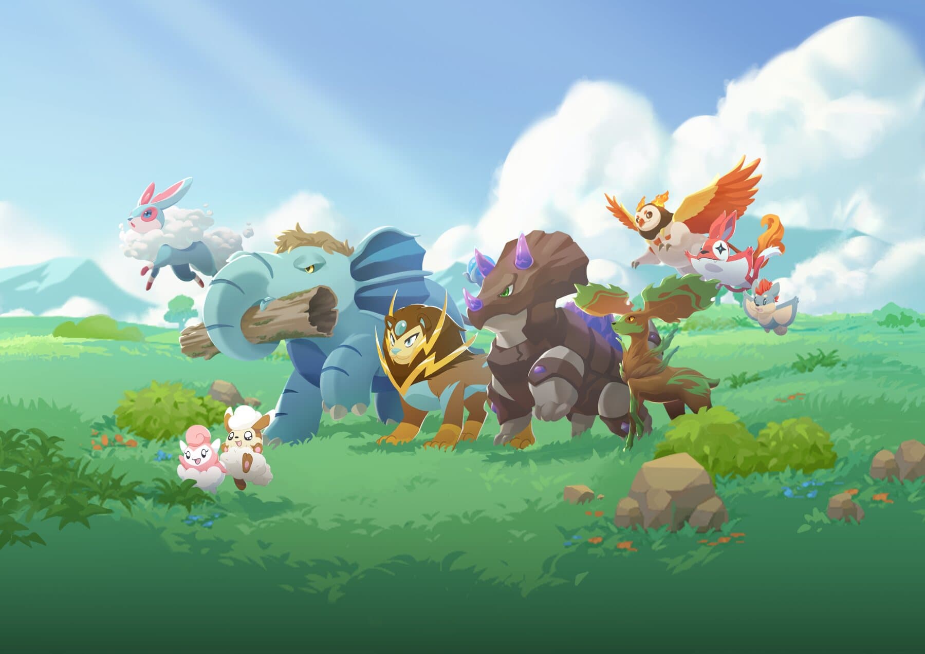 A crowd of creo gathered in a sunny meadow