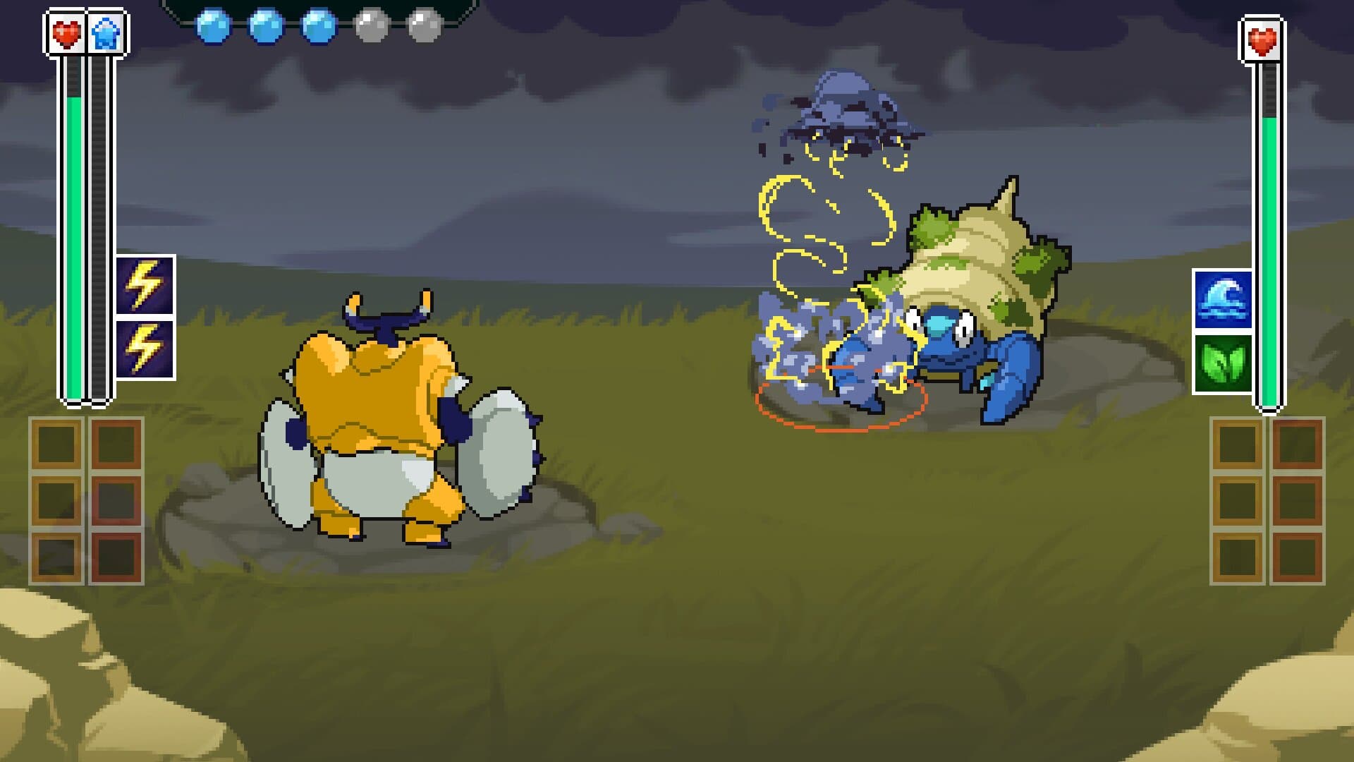 A creo calls down a lightning storm on its opponent in a turn-based battle