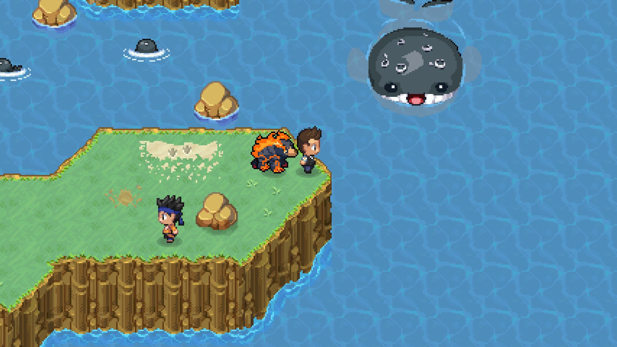A whale creo surfaces beside a grassy island off the coast